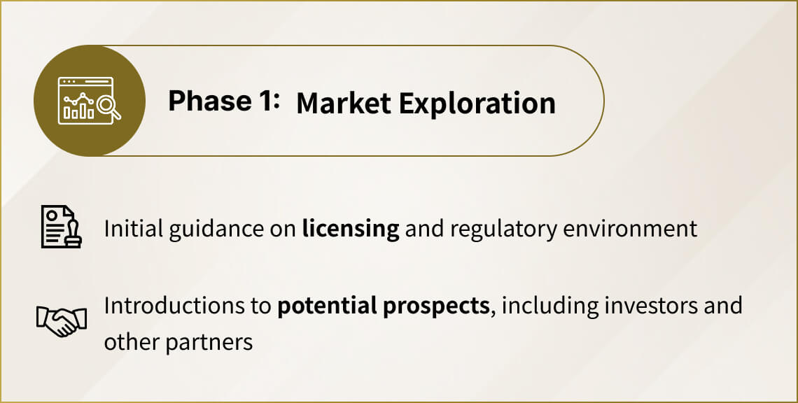 Phase1: 市場探索-ライセンス取得や規制環境に関する初期ガイダンス、投資家やその他のパートナーを含む潜在的な見込み顧客への紹介